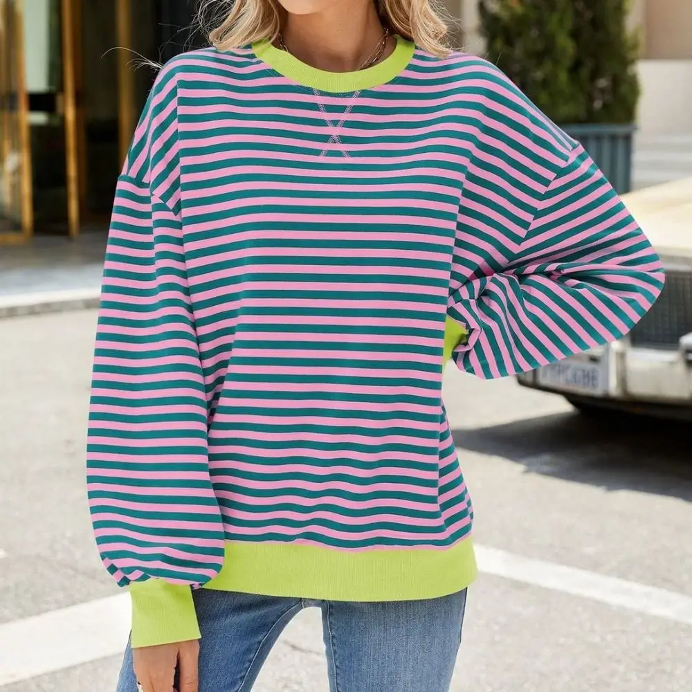 أنيقة فضفاضة مخططة المتضخم البلوز طاقم الرقبة الأساسية البلوفرات النساء Y2K كل مارس المرقعة كم طويل تي شيرت الإناث