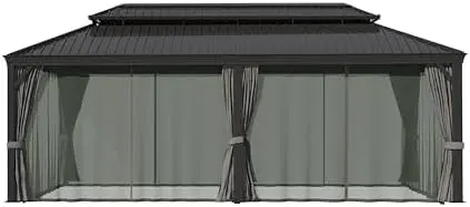 14x20 FT Hardtop Gazebo Canopy with Double Galvanized Steel Roof, Permanent Outdoor Pavilion with Curtain & Mesh Netting