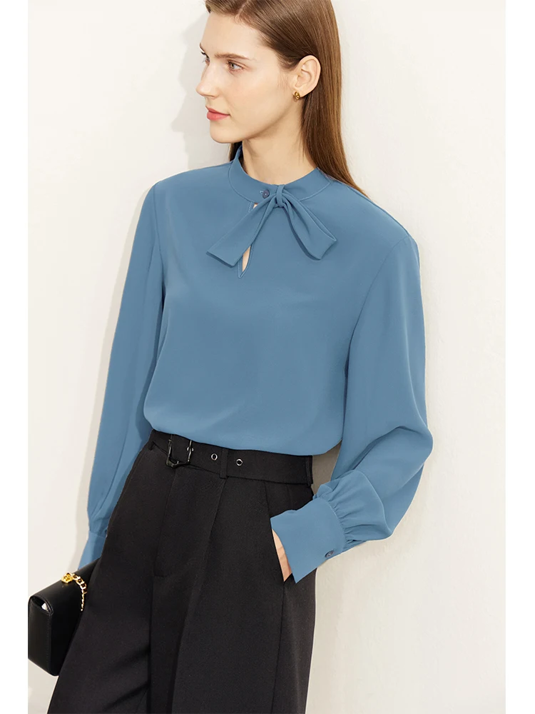 AMII Minimalism Blue Women Shirts & Blouses Stand Collar 2023 Early Spring New Chiffon Female Solid White Tops Clothing 72240093