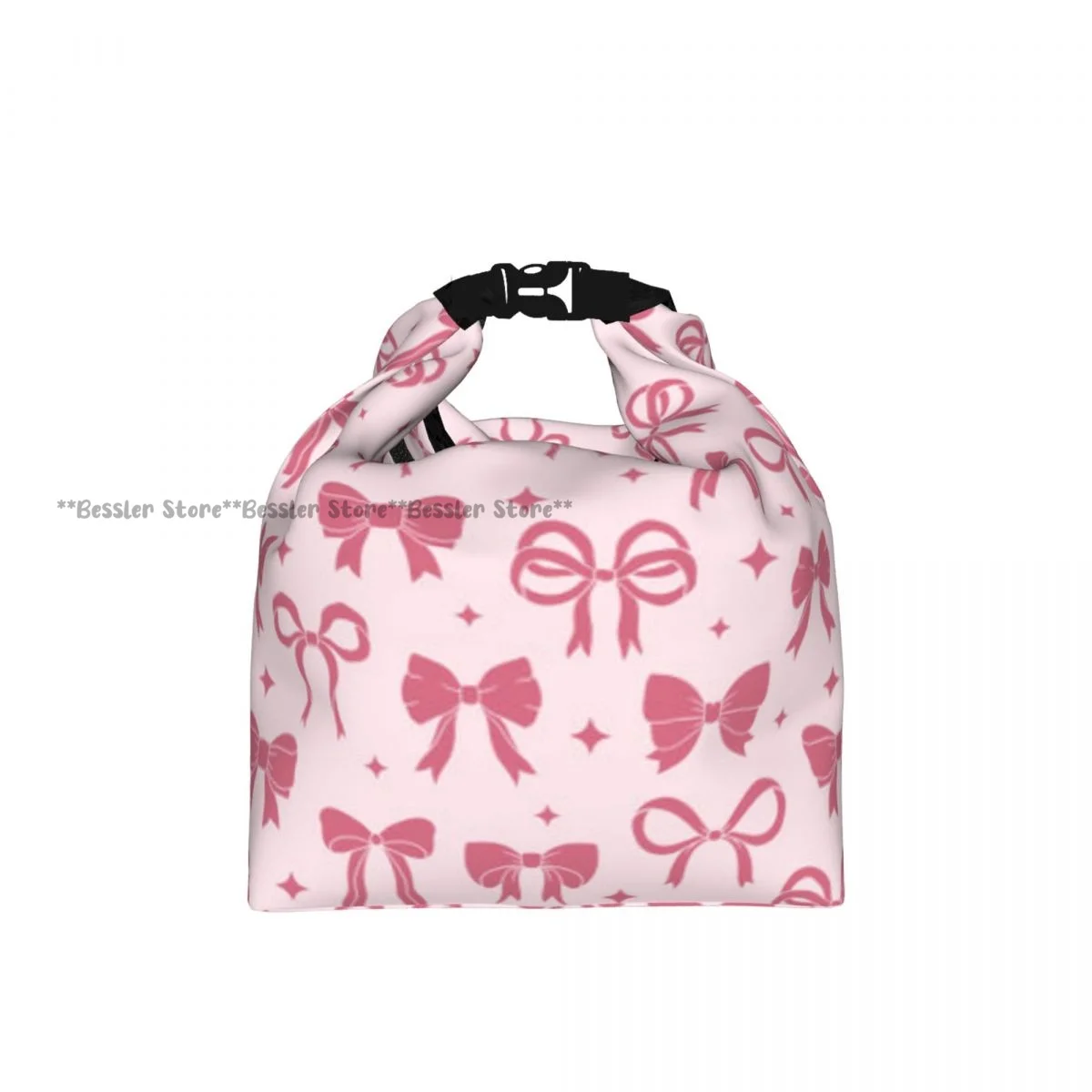Portable Roll-top Insulated Cooler Lunch Bag Pink Bows And Ribbons Pattern Thermal Food Bag for Travel Outdoor Camping