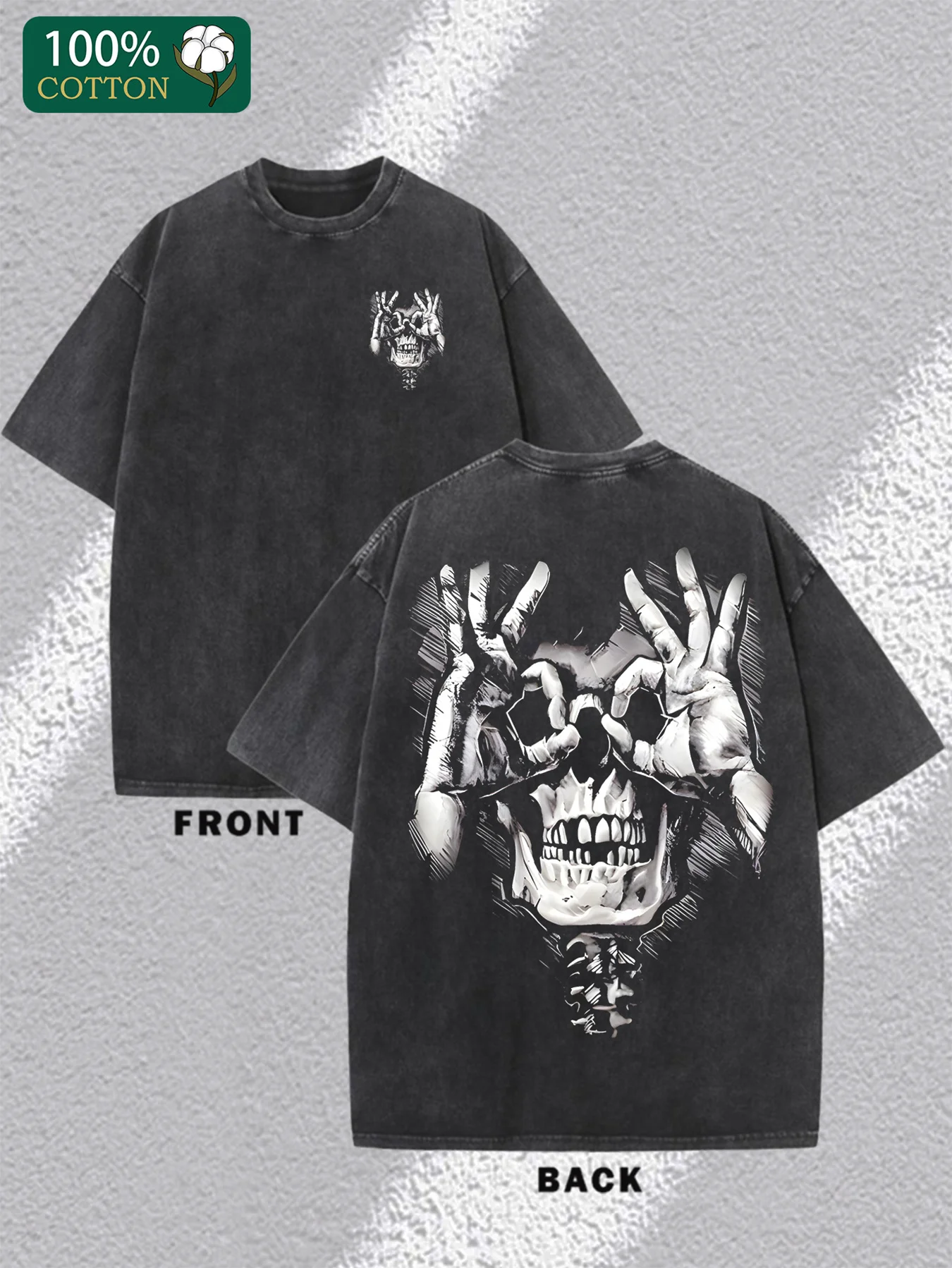 

Skeleton hand drawn pattern double-sided printing, retro washed cotton men's T-shirt, short sleeved top streetwear