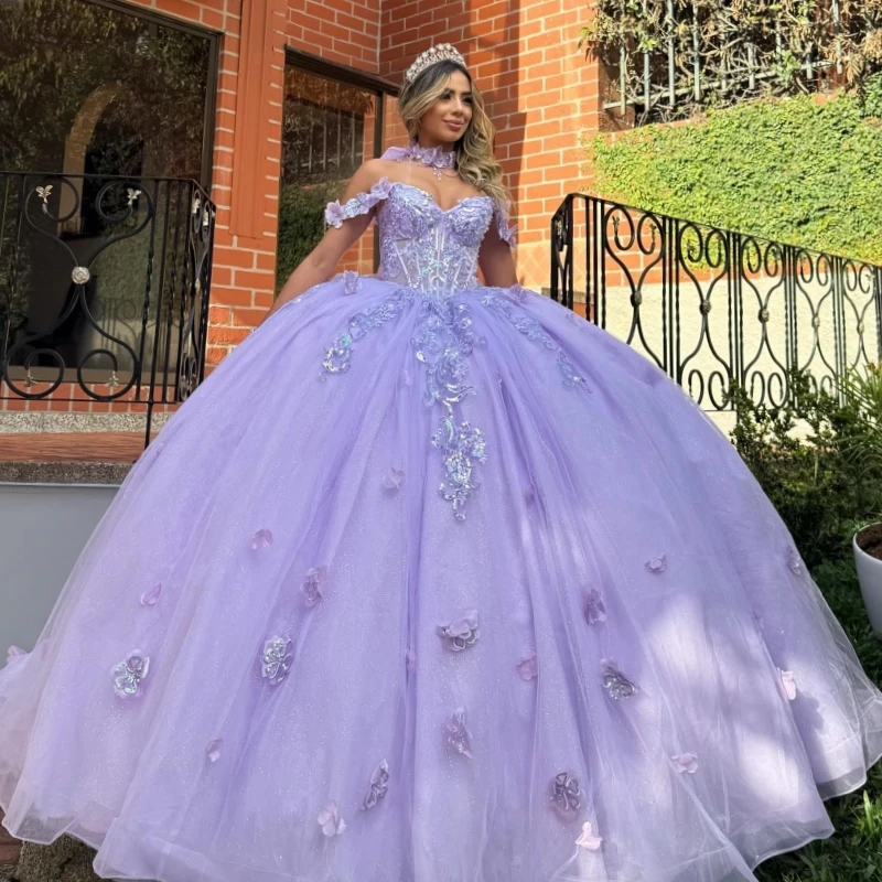 

Лавандовое блестящее бальное платье Quinceanera Платья с открытыми плечами Аппликация Цветочные бусины Лук Тюль Вечеринка День рождения Милое платье 16, Vesti