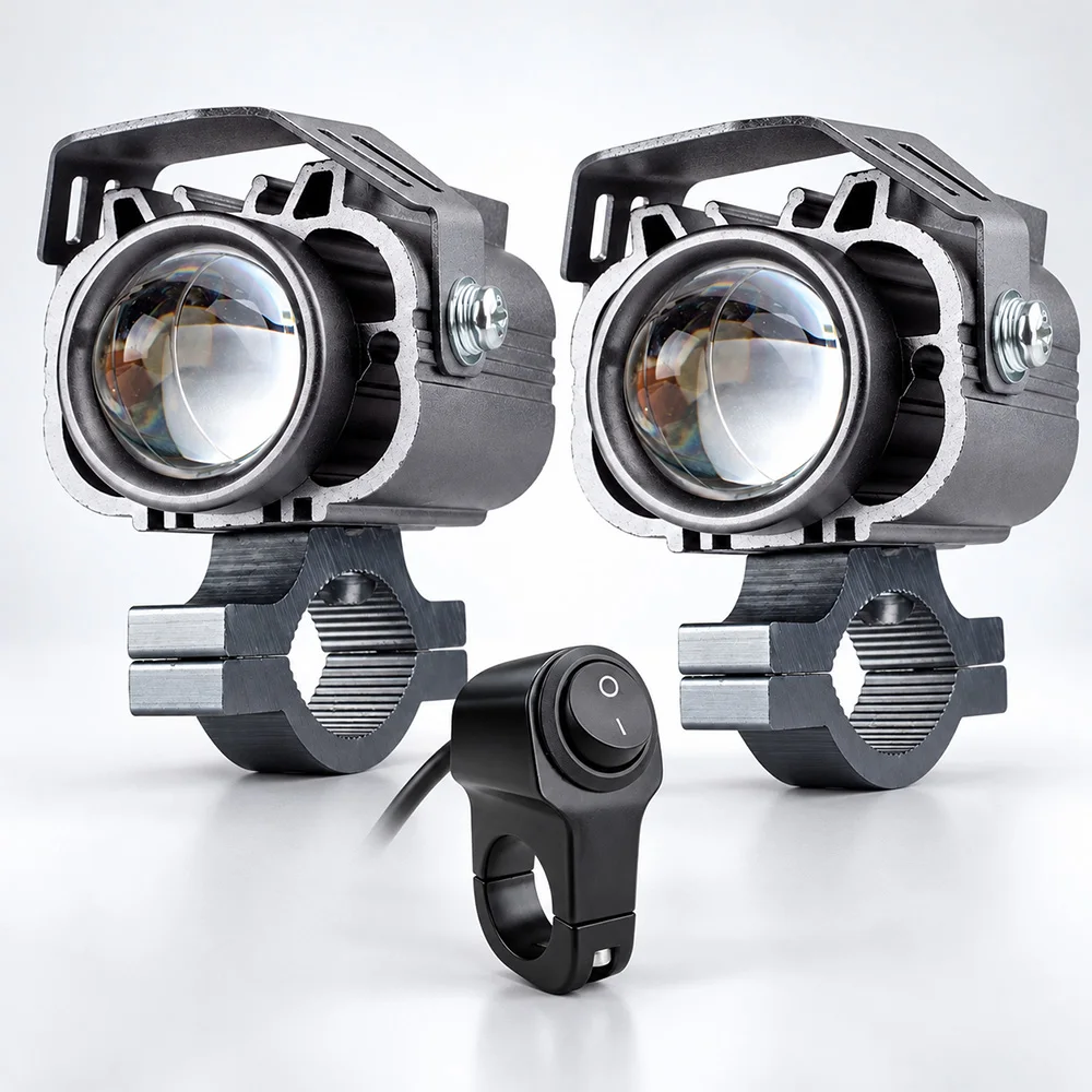 12-80V Motorcycle Auxiliary LED Lights, 4 Modes White Yellow Dual Color Strobe, Additional Waterproof Driving Spotlights