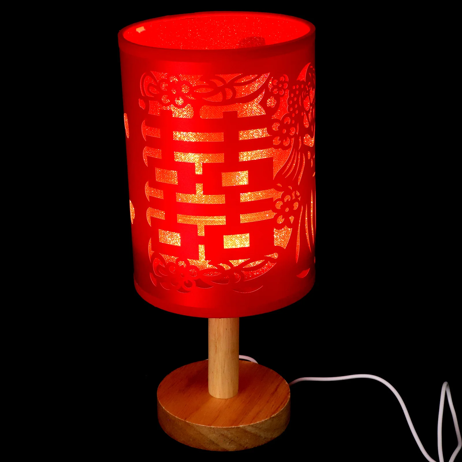 

Wedding Red Bedside Table Lamp Iron Wood Cloth Material Warm Modern Nightstand Light For Bedroom Living Room Decor