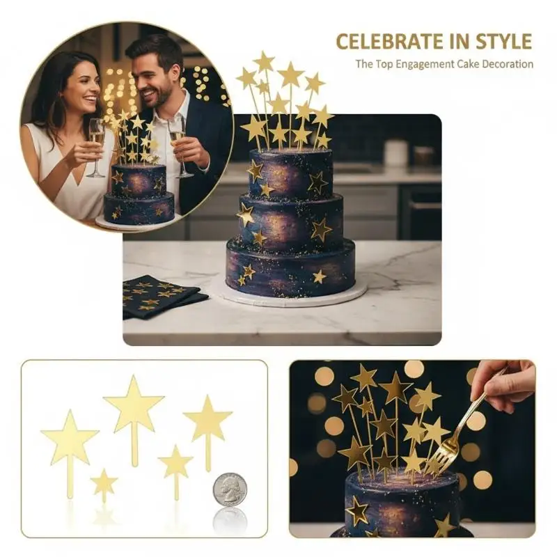 NEW 24Pcs Gold Star Cake Toppers Pentagram Mirror Acrylic Birthday Cake Decorations for Wedding Anniversary Party DIY Supplies
