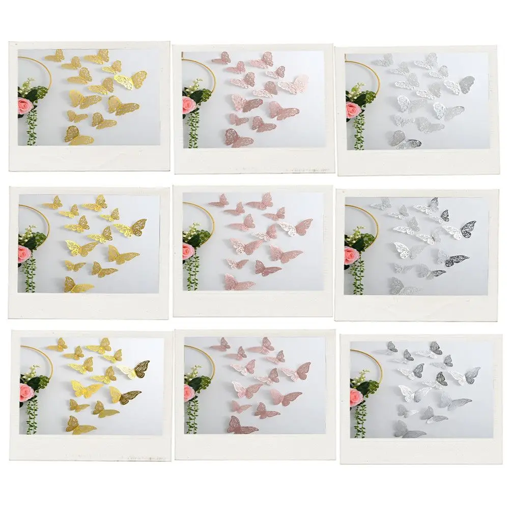 12 pz/set 3D Hollow Butterfly Wall decalcomanie adesivi farfalle fai da te Art Wall Decor Wedding Festival Wallpaper decorazione della casa