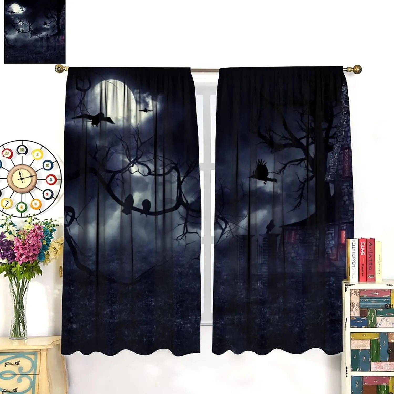 Gothic Curtains,Dark Forest Crow Black Raven Window Treatments for Bedroom Living Room Kitchen Horror Halloween Window Drapes