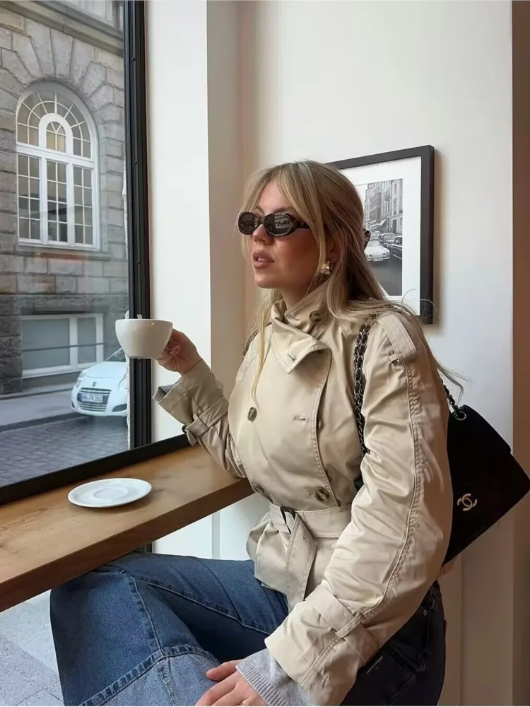 معطف نسائي من NERHEFZ مع حزام للخريف غير رسمي وأكمام طويلة وطية صدر كبيرة سترة واقية مزدوجة الصدر ملابس خارجية أنيقة للسيدات #4