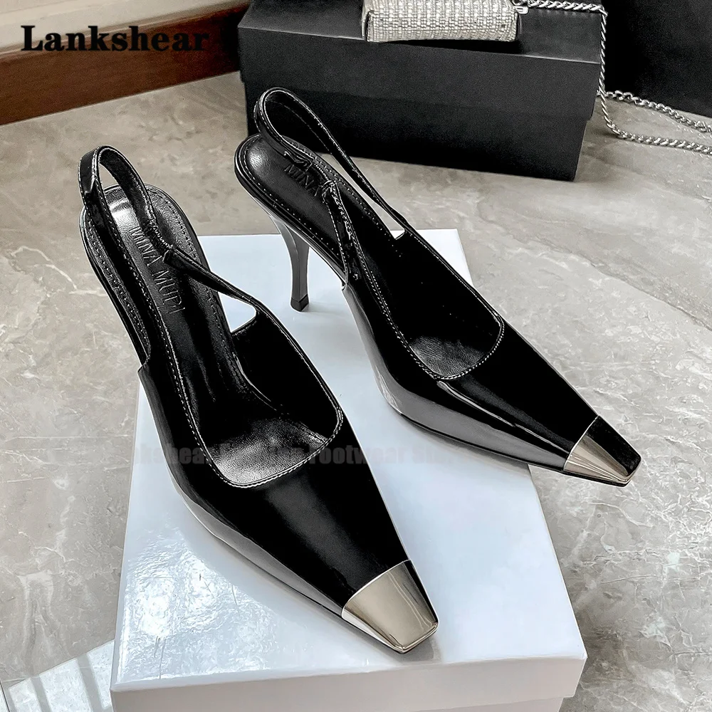 Iron Toe High Heeled Sandals Women's Black Patent Leather Stiletto Heels Ladies White High Heels Party Pumps New In Shoes