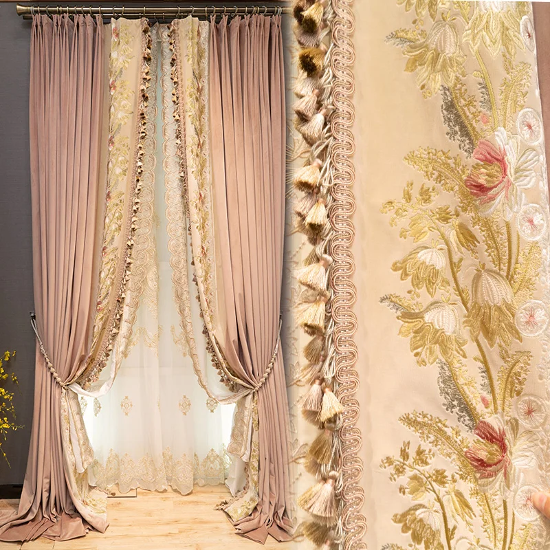 High-end French light luxury velvet pink blackout embroidery flower princess style Curtains for Living dining room bedroom