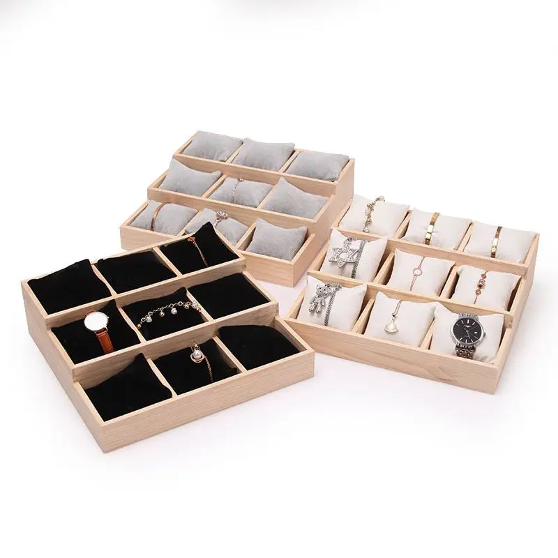 Premium Solid Wood Multi-Tier Watch Display Tray, Pillow Style Bracelet Necklace Ring Organizer, Jewelry Showcase Storage