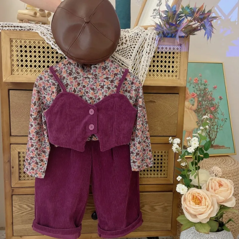 3Pcs Girls Clothes Sets Spring Autumn Floral T-Shirt+Vest+Wide Leg Pants Korean Style Princess Children Outfits Set 2-8Yrs