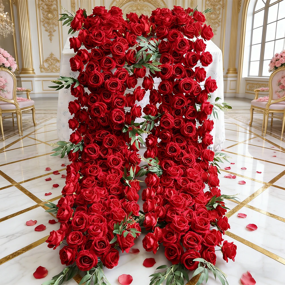 

Искусственные цветы: ряд красных роз, зеленые цветочные композиции для свадебного стола, декор для свадебной арки, фон для фотозоны, украшение для вечеринки