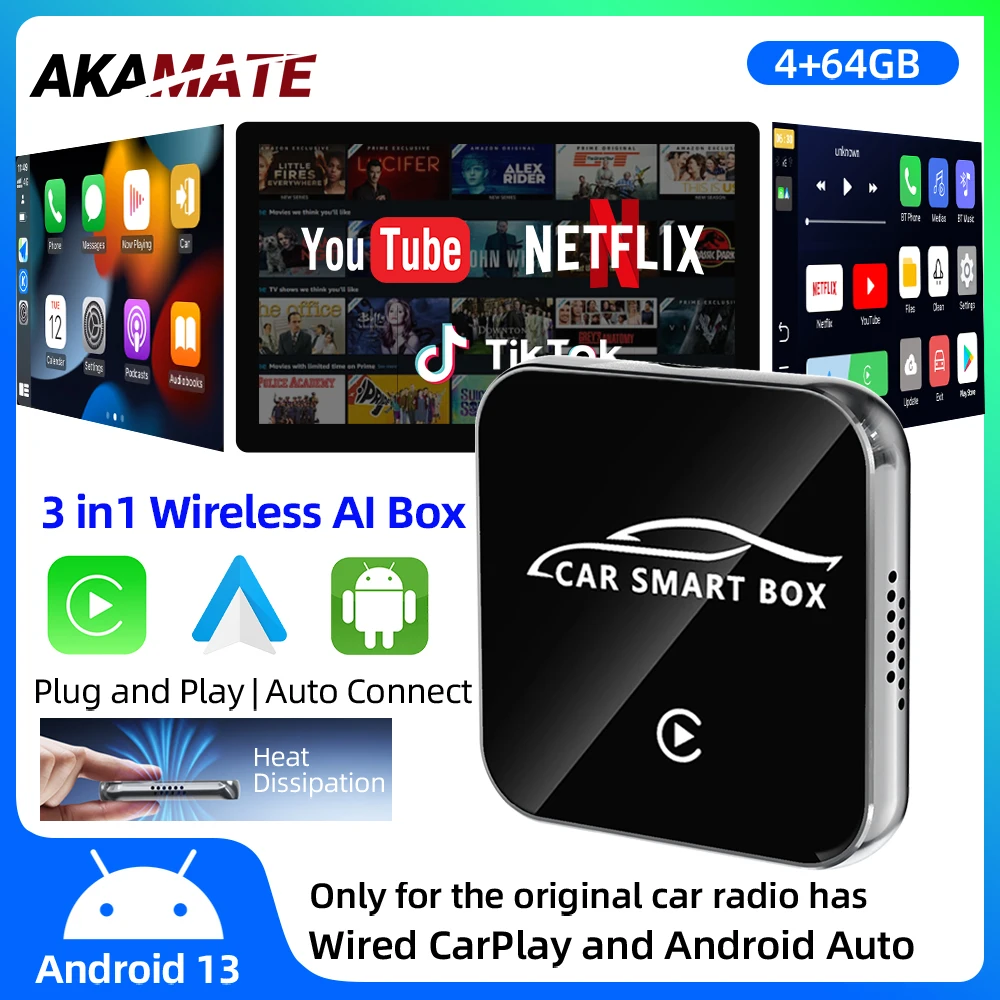 

3IN1 Android Smart Box для Netflix YouTube TikTok Видеоплеер Проводной к беспроводному адаптеру CarPlay Android Auto Plug and Play