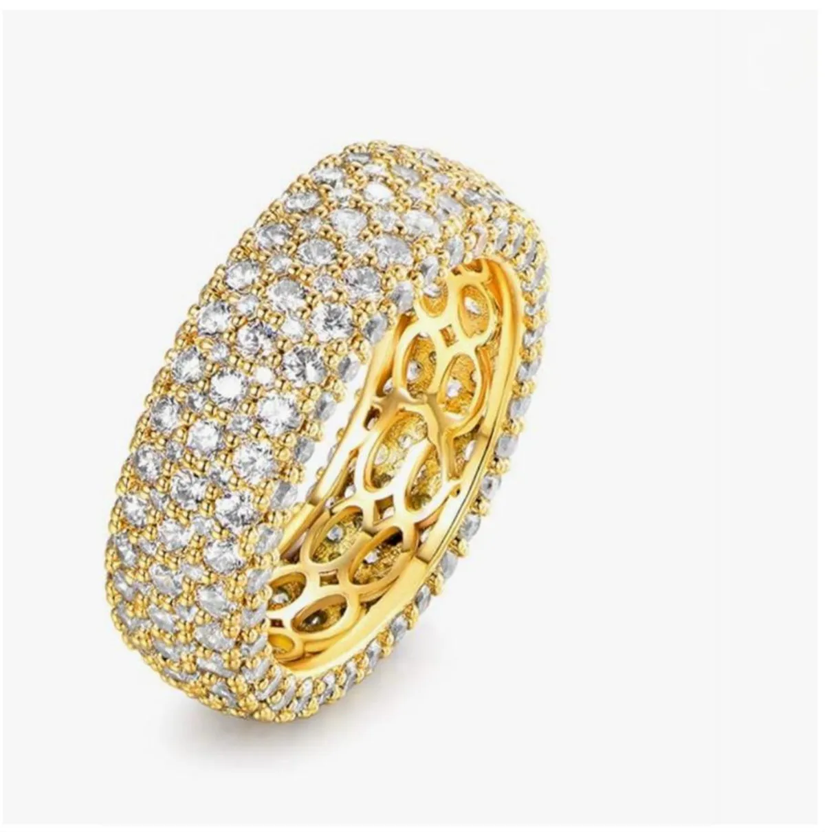 10K Solid Gold 7-Row Lab-Grown Diamond Luxury Full Diamond Wide Band Wedding Ring, Customizable in Yellow Gold and Rose Gold.