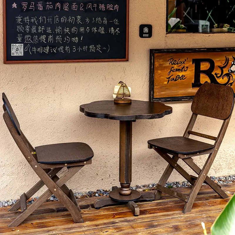 French Retro Wood Square Table Modern Foldable Back Chair Living Room Balcony Café Tables Restaurant Commercial Furniture FYCT