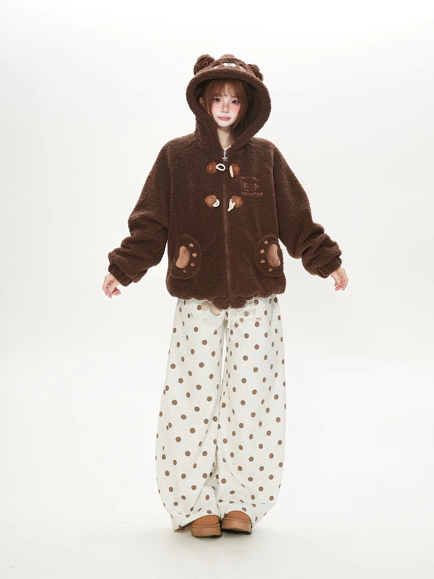 

Cute Bear Ear Hooded Lamb Fur Jaet Women's Winter Fce Lined Loose Super Beautiful Winter Top Sweet Sle Embroidered