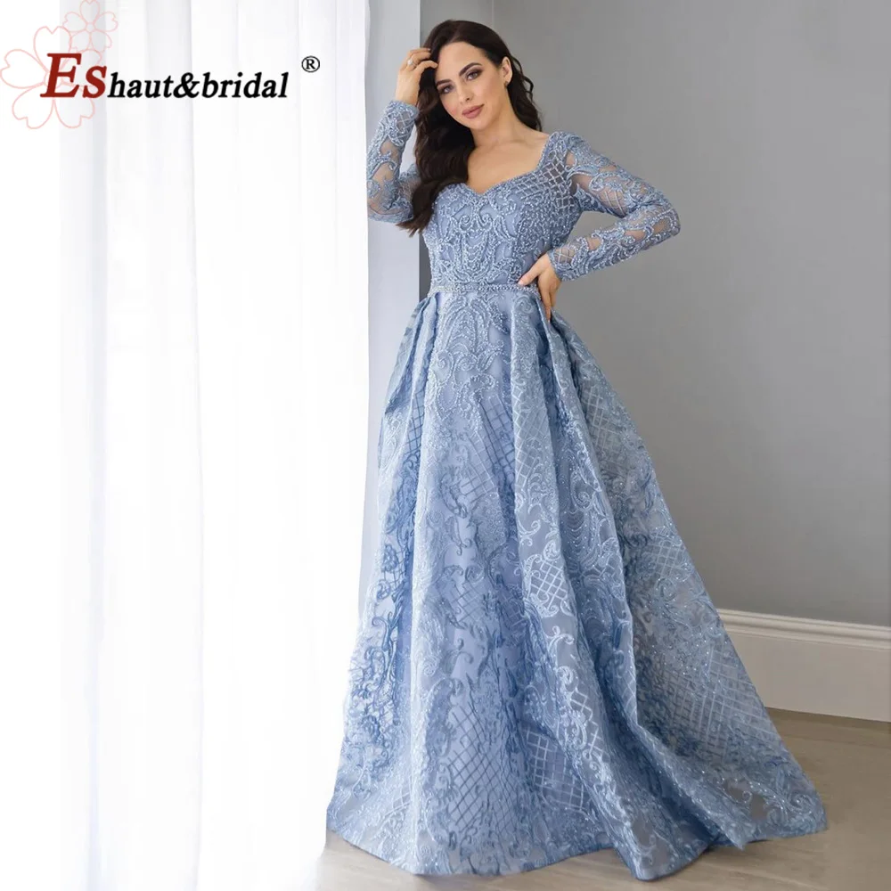 Elegant Dubai Lace Evening Dress for Women 2024 V Neck Aline Crystal Long Sleeves Formal Prom Wedding Party Gowns Customized