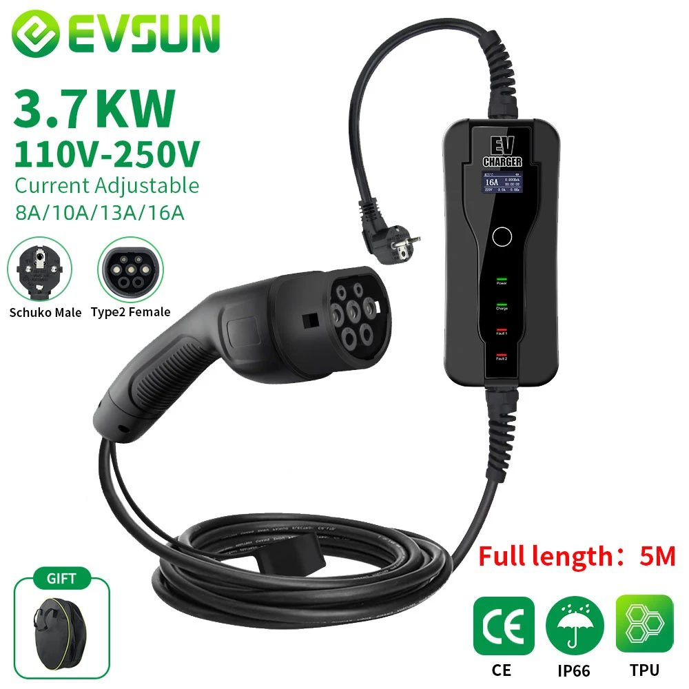 EVSUN Portable EV Charger Type2 IEC62196-2 8/10/13/16A Switch 1P EVSE Charging Cable EU Plug Controller Wallbox for Electric Car