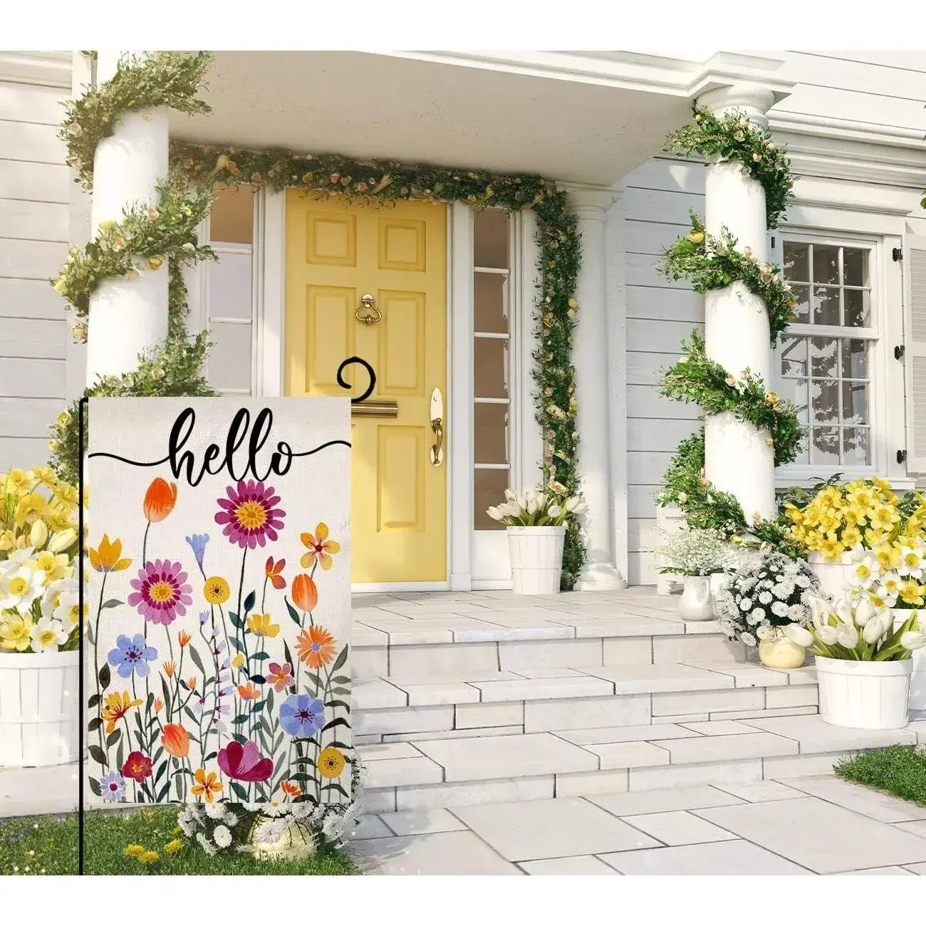 Hello Spring Linen Double-Sided Outdoor Flag, 12x18 Vertical Colorful Floral Yard Decor, Farmhouse Summer Holiday Outside Decoration, No Flagpole