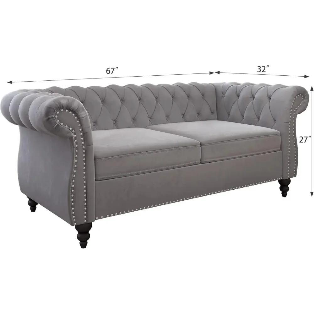 Accent Sofa, Chesterfield Loveseat Modern Velvet Couch Upholstered Sofa with Tufted Back for Living Room Furniture (Grey)