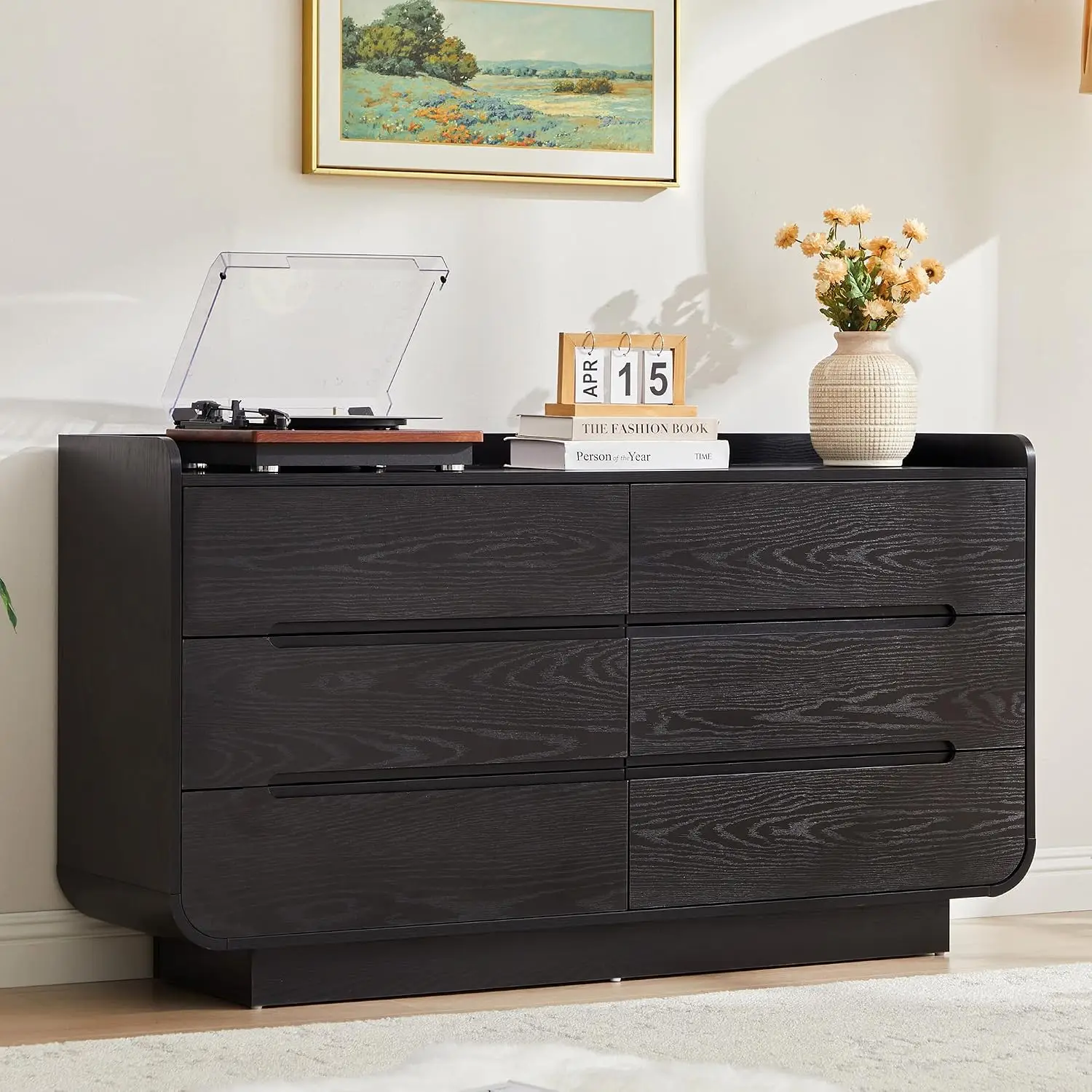 Curved 6 Drawer Dresser 53-Inch Wood Chest Hidden Handles Storage Cabinet Bedroom Nursery Living Room Black, Customized