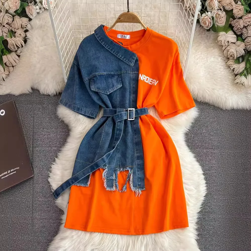 2025 New Harajuku Vintage Summer Denim Patchwork Short Sleeve T-Shirt O-neck Loose Contrast Color Jeans Tees Belted Jumpers Tops