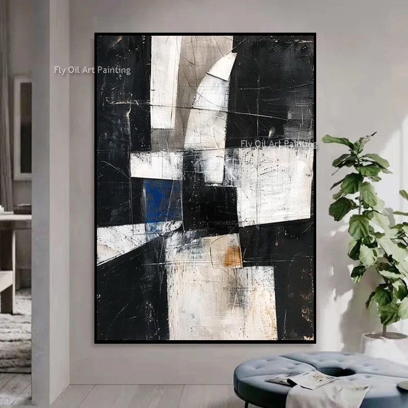 Thick Texture Hand‑Painted Abstract Wall Art, Black White Blue Geometric Oil Painting, Modern Industrial Style Canvas Home Decor