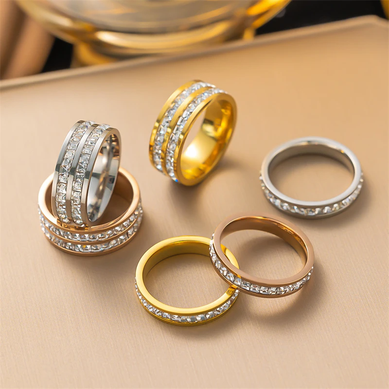 316L Stainless Steel Fashion Fine Fine Jewelry 3 Metal Colors Embedded Dazzling Single Double Row Zircon Rings For Women Male