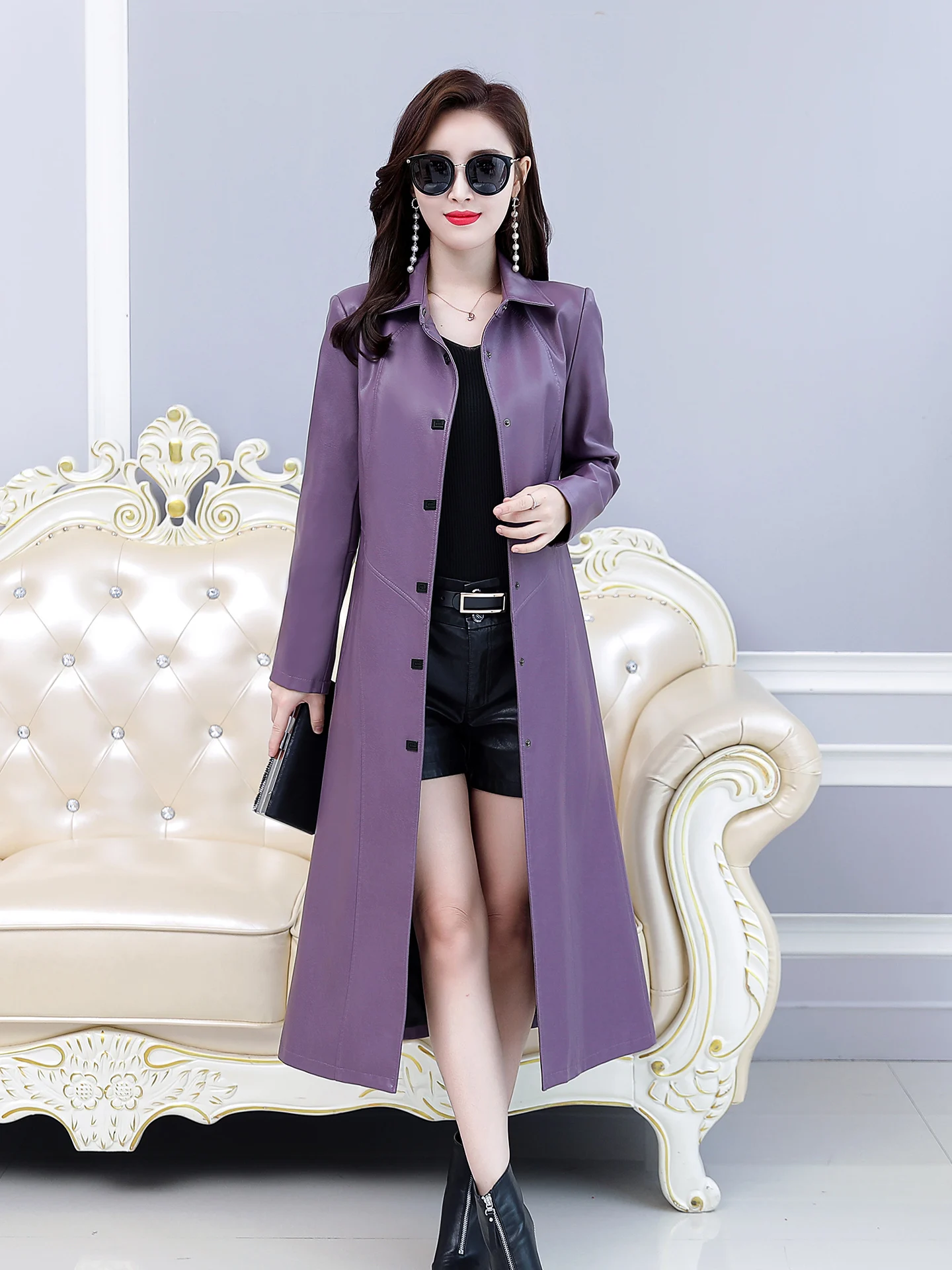 

Women's Over-Knee Slim Fit Lamb Leather Coat Casual Sle Long Sve Button Decorated Thiened Spring Autumn Faionable