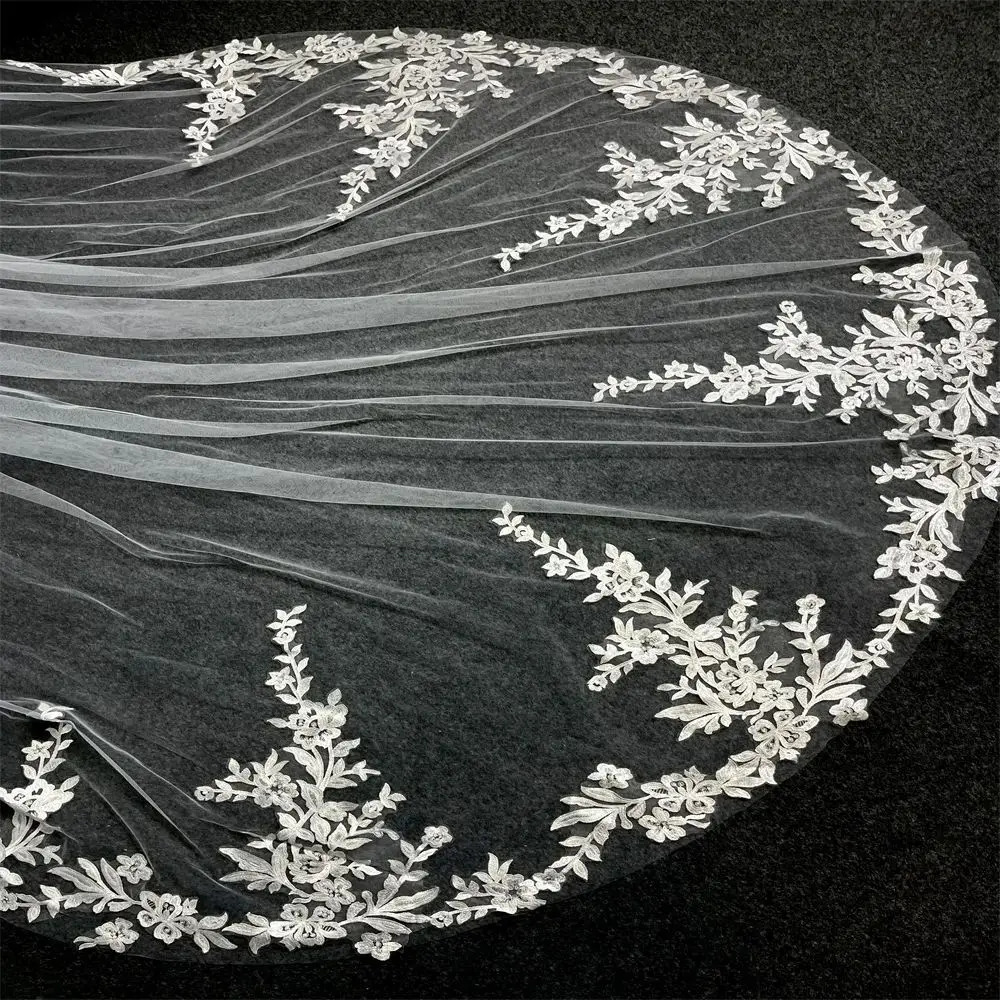 Real Photos Long Lace Appliques Wedding Veil White Ivory Cathedral 1 Layer Bridal Veil 3Meters Bride Veil