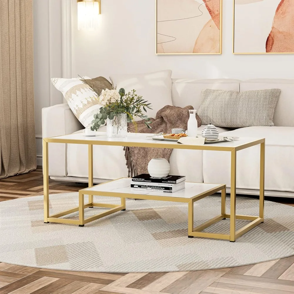 

Modern Marble Coffee Table W Gold Metal Frame and Storage Shelf,2 Tier Living Room Center Table for Home Furniture Office Decor