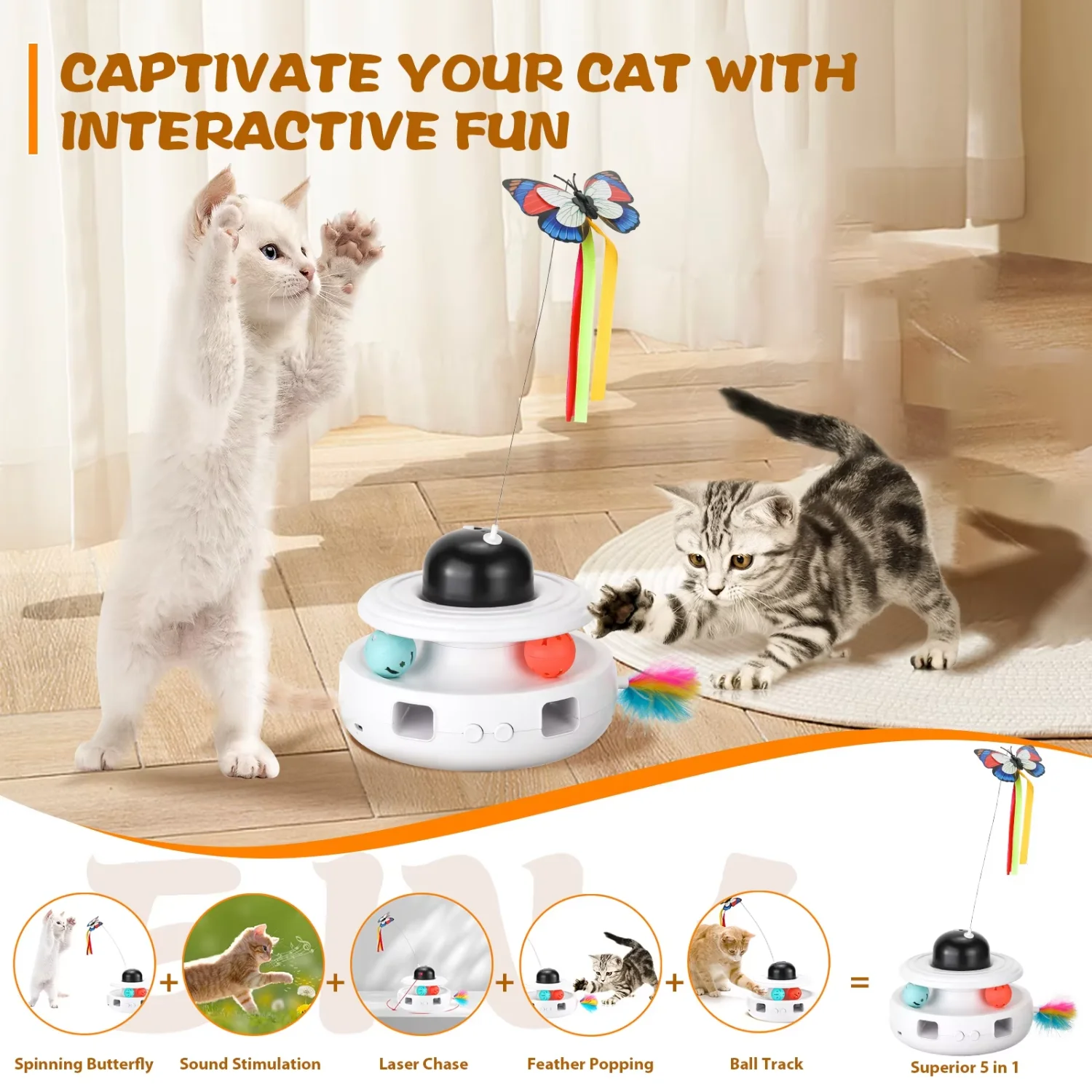 Wholesale  5-in-1 Interactive Cat Toy, Feather Spin Rod,With Track Rolling Ball and Bird Sound  Cat Toy