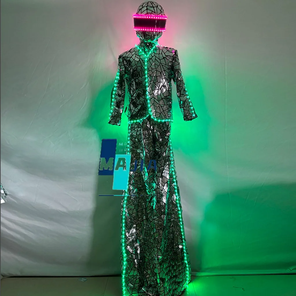Silvery LED Stilts Walker Robot Costume Shiny Mirror Sequin Fabric Suits for Stage Performance Show Entertainment Cosplay