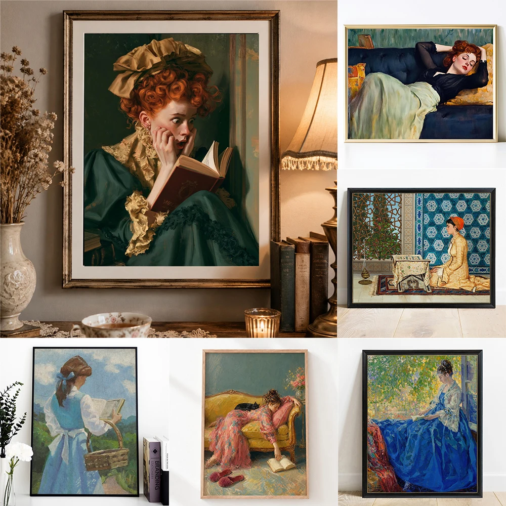 Vintage Woman Reading Print Emerald Green Bookstore Art Poster 19th Century Portrait Canvas Painting Aesthetic Girl Reading Art