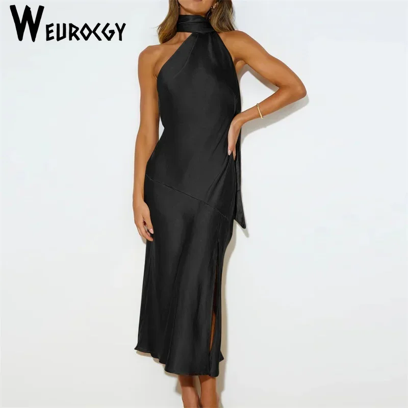 2023 Summer Women Party Dress Fashion French Elegant Long Satin Backless Solid Color Fashion Sleeveless Sweet Evening Dress