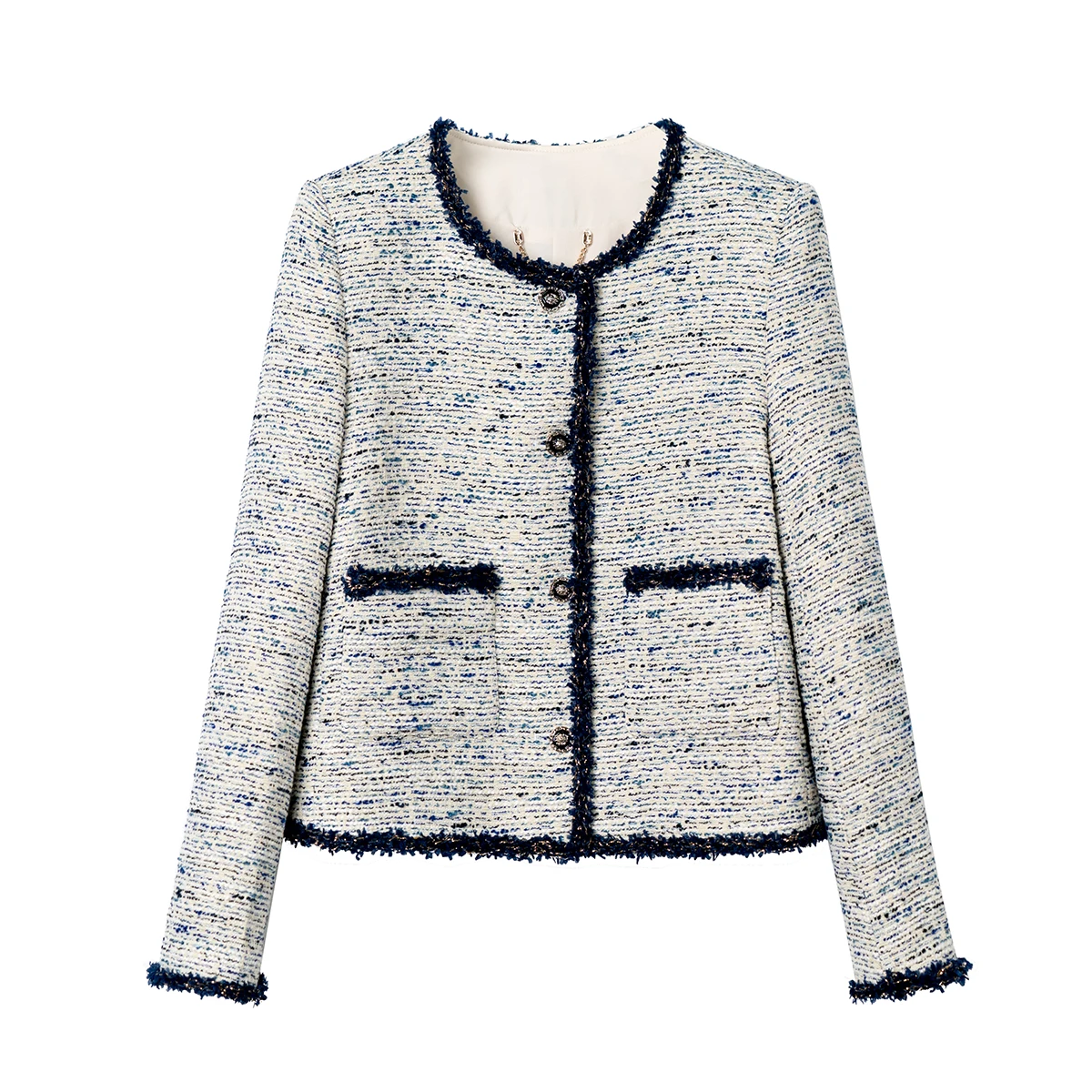 

The new style of fashion temperament small fragrance tweed ladies floral temperament jacket contrast color elegant blouse