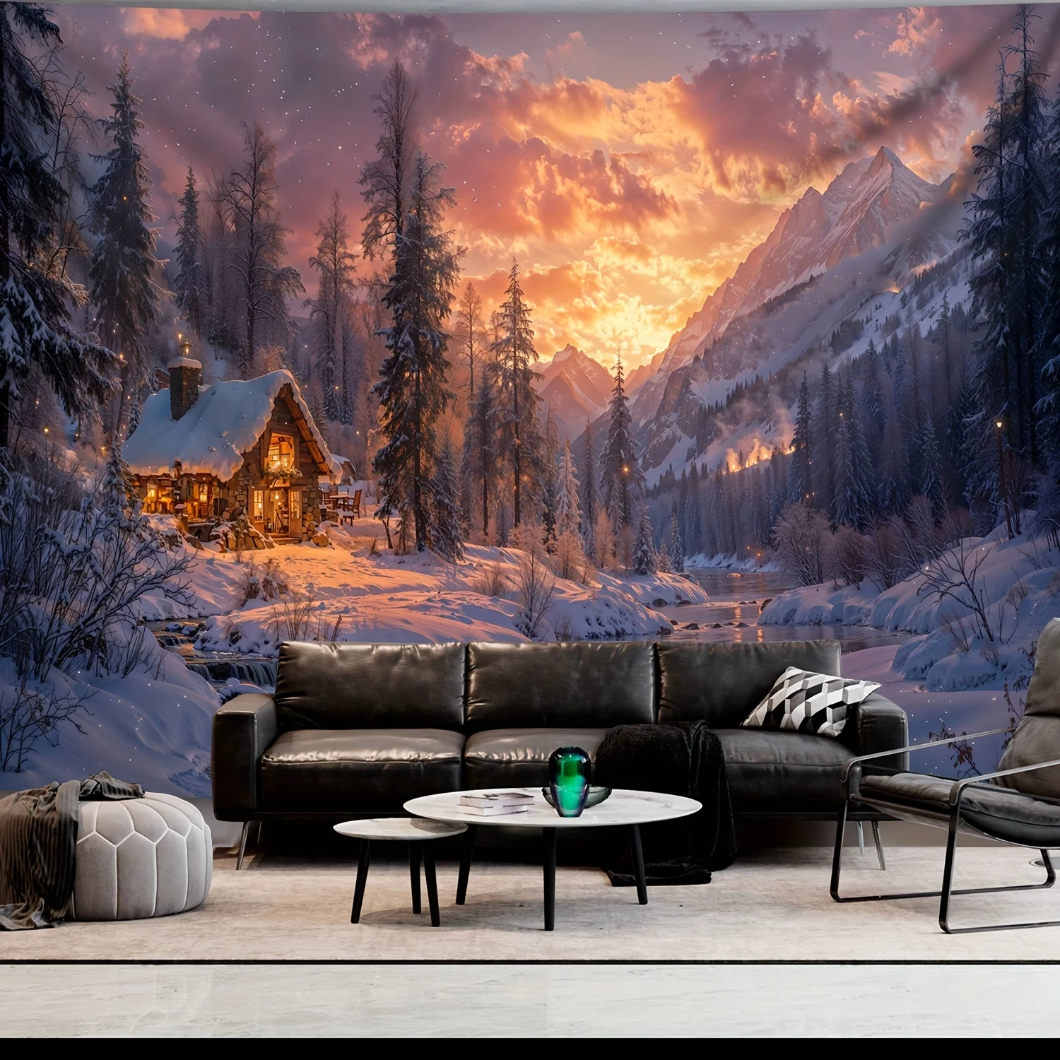 Large Printed Winter Tapestry Wall Hanging Mountain Cabin Sunset Scene Nordic Forest Alpine Home Decor Print