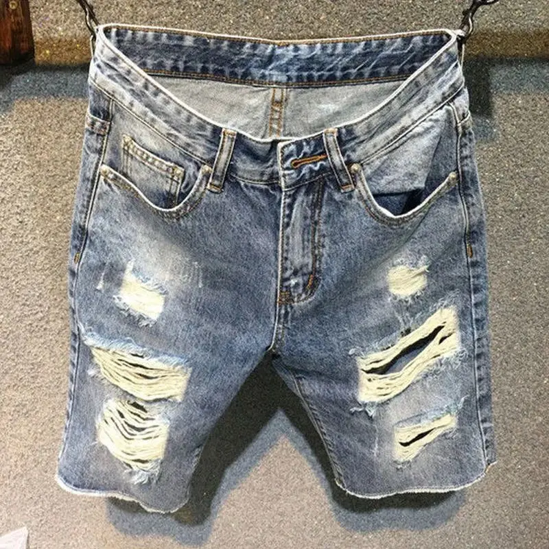 High End Jeans Man Summer Light-colored Ripped Denim Shorts Men's Half Pants Loose Straight Breeches Thin Burrs Half Shorts