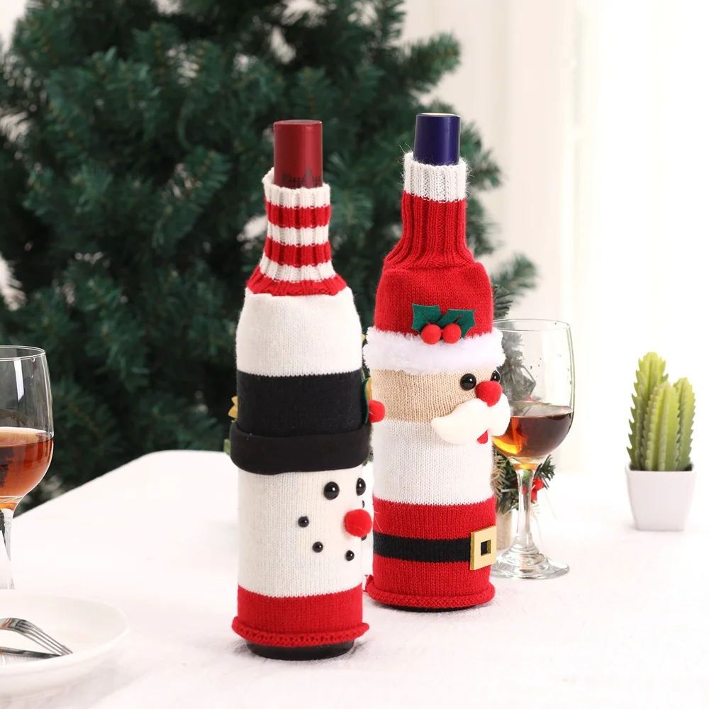Weihnachtsdeko 2024, gestrickte Woll-Flaschenhülle in Rot, Weihnachtsdekoration für Tisch, Haus, Hotel, Restaurant, Festivals. – Detail 3