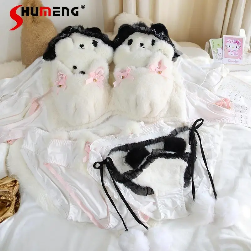

Autumn Winter White Plush Bra Set Women Wireless Cute Cartoon Underwear Intimates Female Thickened Pure Desire Brief Suits