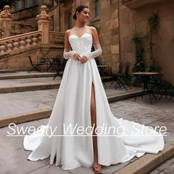 Luxury Corset Wedding Dress Customized Sweetheart Detachable Long Sleeve Beading Pearls High Slit Court Train Satin Bridal Gown