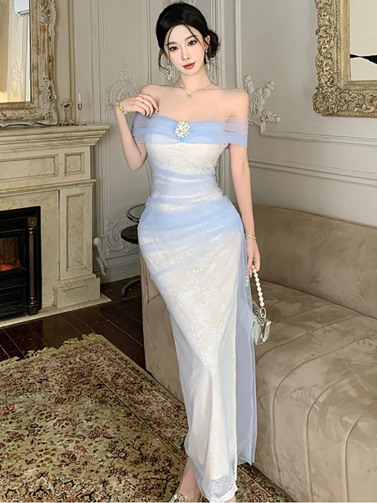 الصيف الأبيض الجاكار المرقعة شبكة فستان طويل المرأة أنيقة شيك الصدر التفاف فستان مثير 2025 الكورية Bodycon فستان المهرجان #1