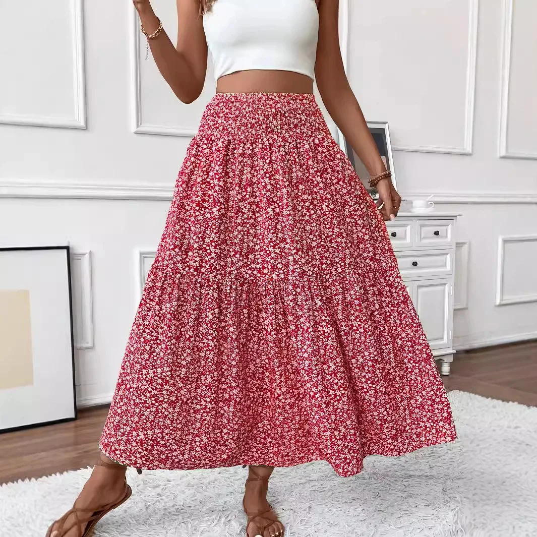 Women's Boho Floral Print Skirt Vintage High Waist Maxi Skirts Summer Casual Loose Beach Skirt Elegant Ladies Flowy Ruffle Skirt