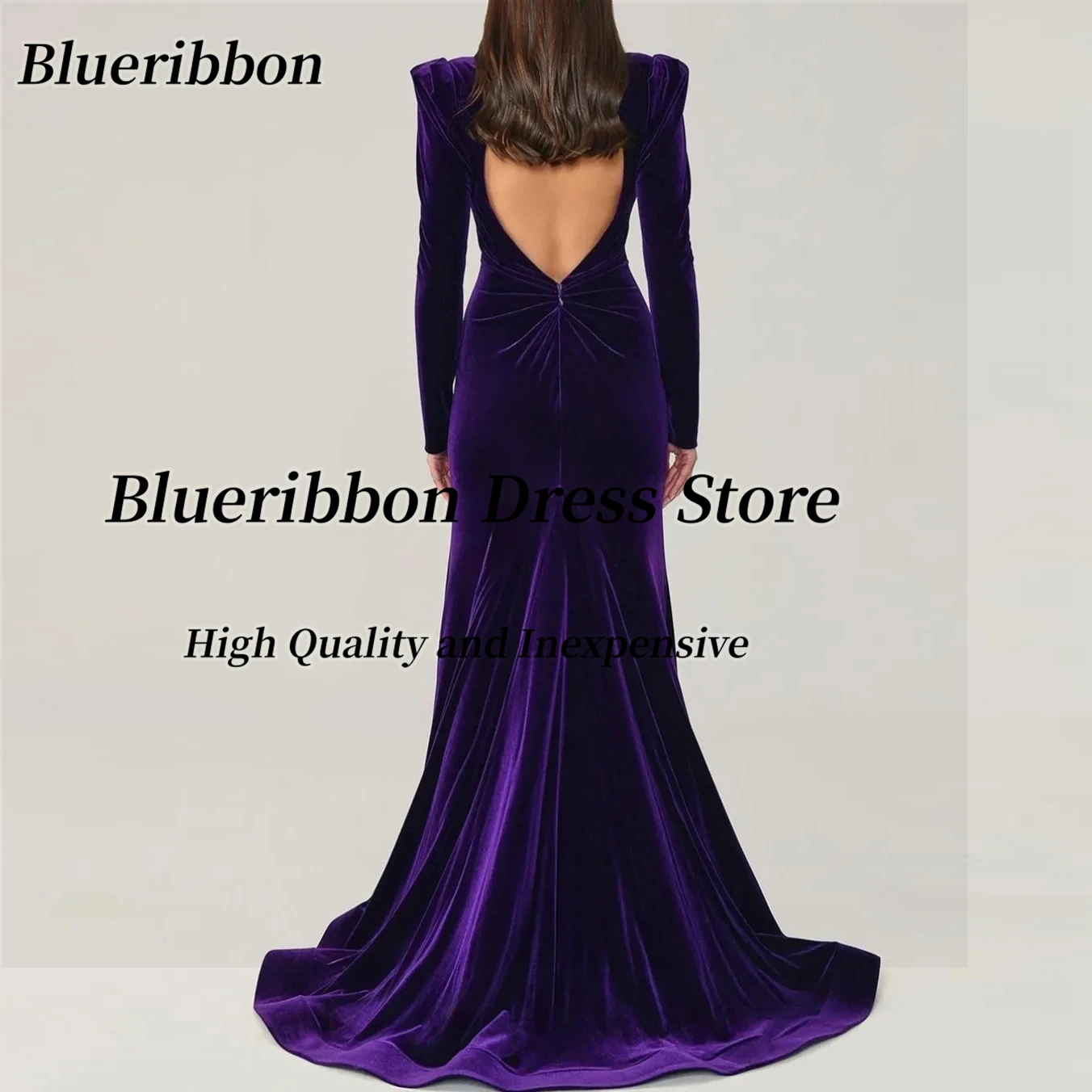 Blueribbon Purple Velour Evening Dresses V Neck Long Sleeves Prom Gowns Sexy Open Back Elegant Party Dress Woman Customized