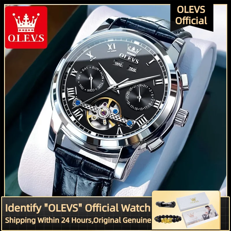 OLEVS นาฬิกากลไกอัตโนมัติแบรนด์ชั้นนำสำหรับผู้ชาย, นาฬิกาข้อมือสแตนเลสสตีลกันน้ำ6607