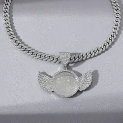 Picture Necklace Personalized for Men Women, CZ Angel Wings Customized Photo Memory Pendant Chain 18 Inches,Hip Hop Jewelry