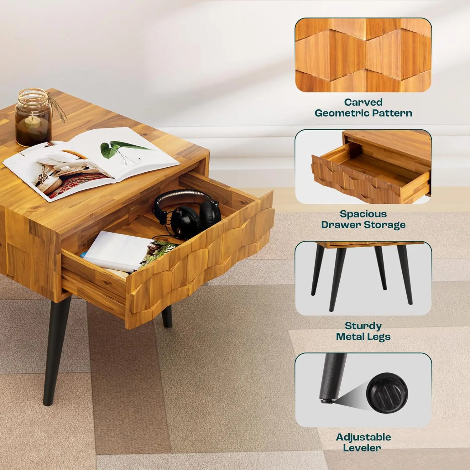 Georgina Solid Wood Nightstands with Drawers - Fully Assembled Rustic Geometric Pattern Bedside Cabinet