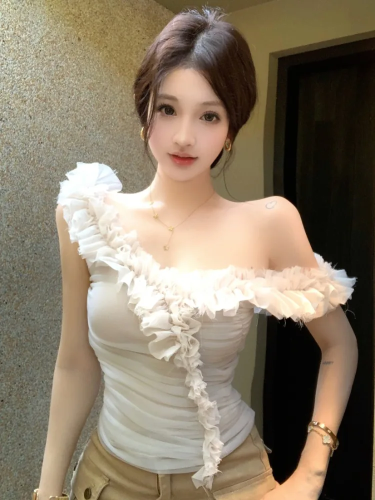 

Summer New Style Spicy Girl Short Sleeve Vest Strap Design Irregular Ruffle Fashion Sensation Women's Clothing
