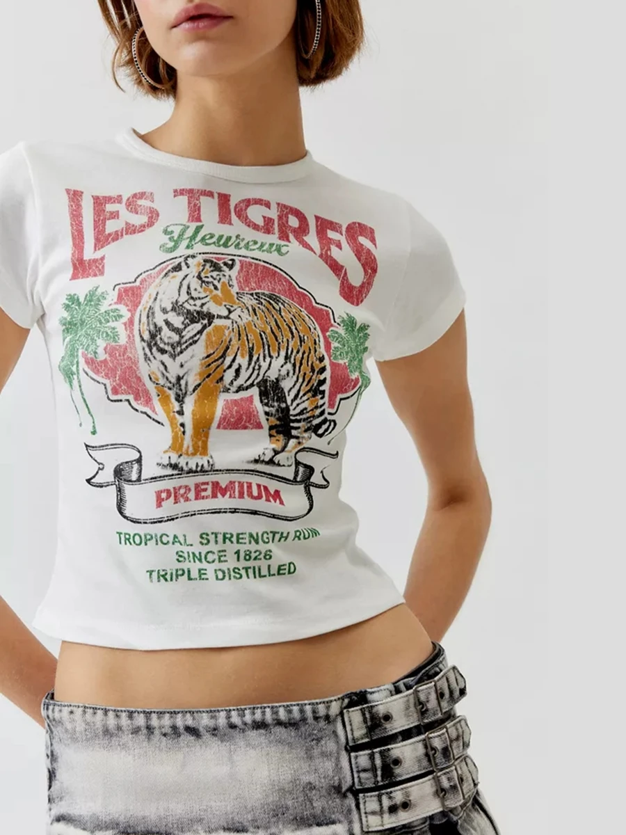 Économie basiques College tigre pour femmes, pulls à manches courtes, streetwear décontracté, vêtements grunge esthétiques, été